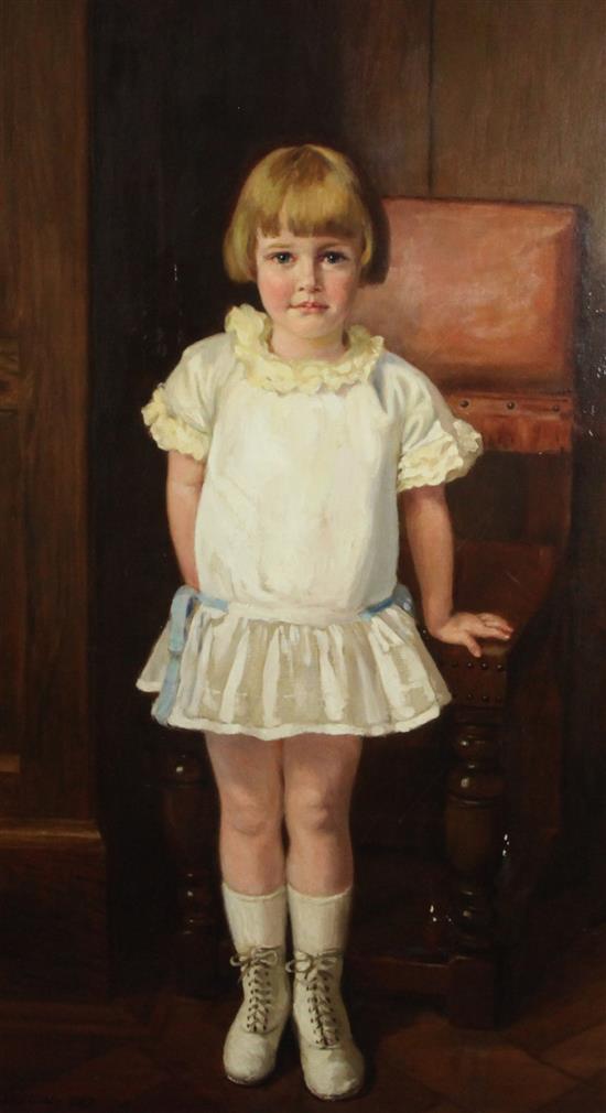 W J Gibbs Portrait of a girl standing before a chair, 42 x 24in.